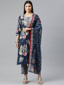 Readiprint - Straight Style Silk Blue Color Kurta and Pant with Dupatta (Set of 3)