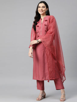 Readiprint - Straight Style Silk Red Color Kurta and Pant with Dupatta (Set of 3)