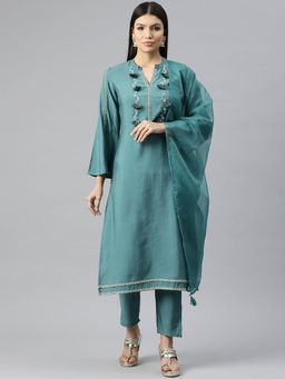 Readiprint - Straight Style Silk Teal Color Kurta and Pant with Dupatta (Set of 3)