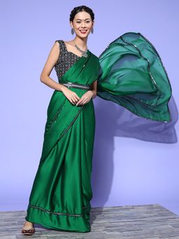 Akhilam - Women's Georgette Green Embellished Belted Sarees with Unstitched Blouse