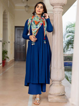 Janasya - Womens Blue Rayon Solid Kurta with Palazzo and Scarf (Set of 3)