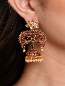 Karatcart - Antique Gold Plated Maroon Designer Peacock Jhumki Earrings for Women