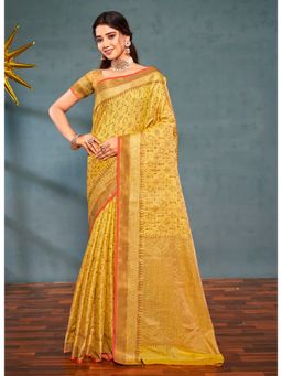 Sangam Prints - Yellow Woven Work Traditional Saree with Unstitched Blouse