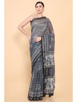 Soch - Women Grey Cotton Printed Saree with Unstitched Blouse