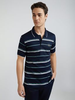 ColorPlus - Tailored Fit Striped Navy Polo T-Shirt