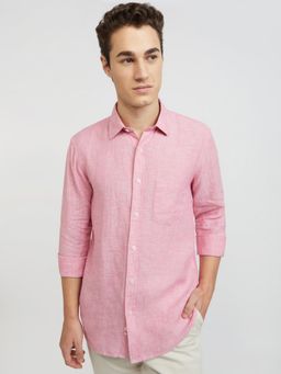 ColorPlus - Men Tailored Fit Linen Solid Red Casual Shirt