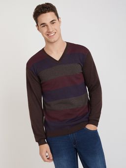 Park Avenue - Regular Fit Striped Dark Brown Sweater