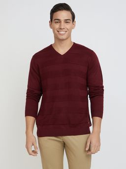 Park Avenue - Regular Fit Stripes Dark Red Sweater