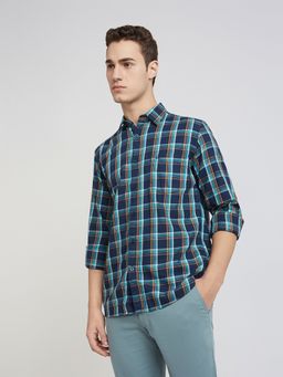 Parx - Slim Fit Checkered Blue Casual Shirt