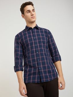 Parx - Slim Fit Checkered Blue Casual Shirt