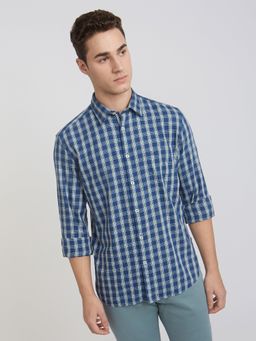 Parx - Slim Fit Checkered Blue Casual Shirt