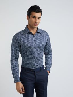 Parx - Slim Fit Printed Dark Blue Shirt