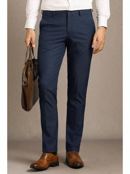 Louis Philippe - Men Navy Blue Textured Flat Front Formal Trousers