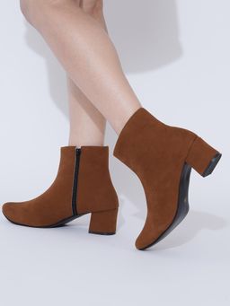 Shoetopia - Tan Block Heel Casual Boots with Side Zipper for Women