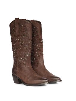 Saint G - Women Studded Brown Leather Cowboy Boots