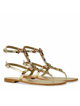 Saint G - Women Multi Stone Embellished Platin Gold Leather Sandals