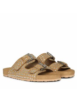 Saint G - Women Silver Strass Beige Leather Flat Sandals