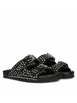 Saint G - Women Silver Strass Black Leather Flat Sandals