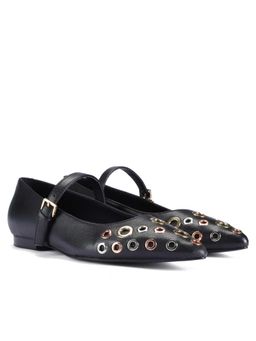 Saint G - Women Multi Eyelets Black Leather Ballerinas