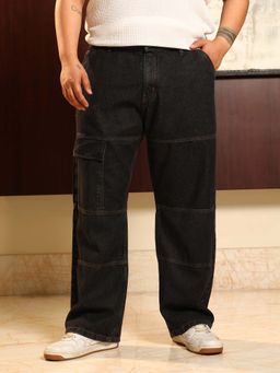 Instafab Plus - Men's Midnight Black Panelled-Utility Denim Jeans