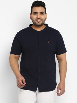 Urbano Plus - Mens Navy Blue Cotton Regular Fit Casual Polo Shirt With Mandarin Collar
