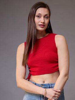 KASSUALLY - Red Round Neck Sleeveless Cotton Crop Top
