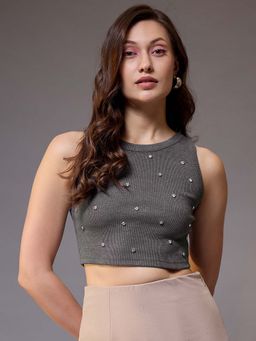 KASSUALLY - Grey Sleeveless Pearl Cotton Crop Top