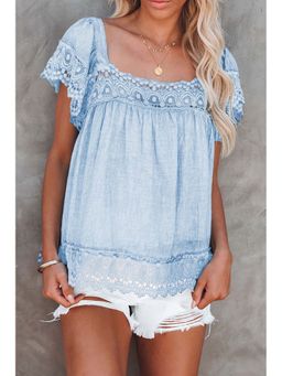 Errabelly - Blue Lace Pom Pom Square Neck Top