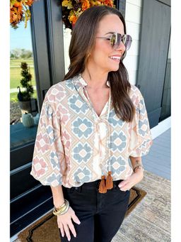 Errabelly - Khaki Print Tassel Tie Split Neck Balloon Sleeve Top