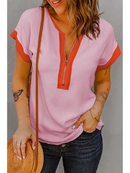 Errabelly - Rose Contrast Trim Reversible Colorblock Front Zipped T-shirt