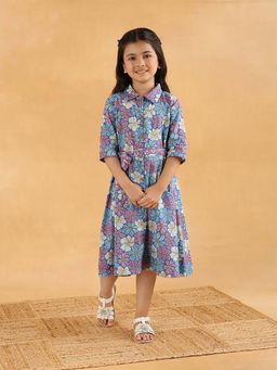 Fabindia - Blue Cotton Collar Neck Printed Dress