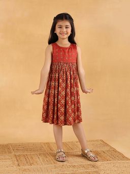 Fabindia - Red Rayon Blend Round Neck Hand Block Dress