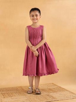 Fabindia - Maroon Viscose Blend Round Neck Embellished Dress