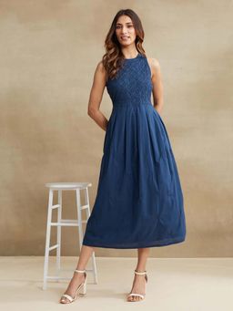 Fabindia - Blue Cotton Chikankari Sleeveless Midi Dress