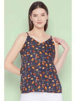 PURYS - Navy Blue Crepe Sleeveless Floral V-Neck Top