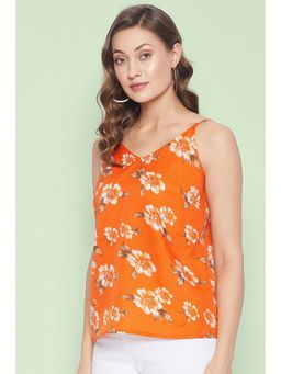 PURYS - Orange Crepe Sleeveless Floral V-Neck Top