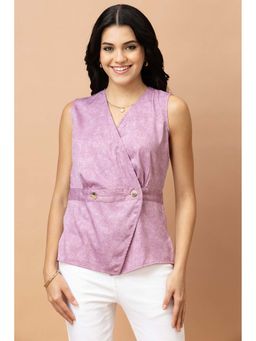 PURYS - Mauve Polyester Sleeveless Textured V-Neck Top