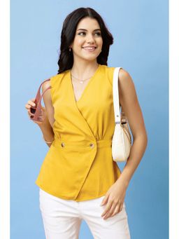 PURYS - Mustard Polyester Sleeveless Solid V-Neck Top