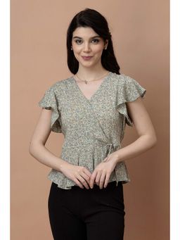 PURYS - Green Crepe Flared Sleeves Floral V-Neck Top