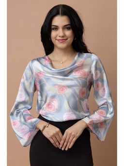 PURYS - Blue Satin Full Sleeves Floral Cowl Neck Top