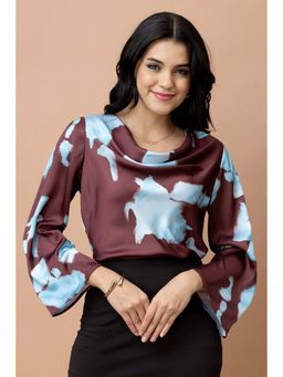 PURYS - Brown Satin Bell Sleeves Abstract Cowl Neck Top