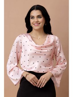 PURYS - Pink Satin Bell Sleeves Printed Cowl Neck Top
