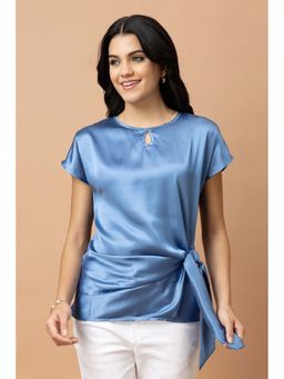 PURYS - Blue Satin Half Sleeves Solid Keyhole Neck Top