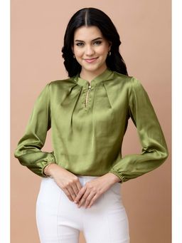 PURYS - Olive Satin Full Sleeves Solid Keyhole Neck Top