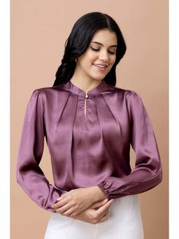 PURYS - Wine Satin Full Sleeves Solid Keyhole Neck Top