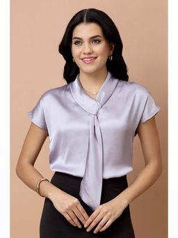 PURYS - Lavender Satin Half Sleeves Solid Tie Up Neck Top