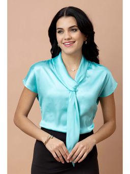 PURYS - Turquoise Satin Half Sleeves Solid Tie Up Neck Top