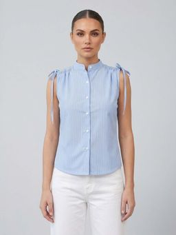 ANVI Be Yourself - Striped Blue Cotton Mandarin Collar Sleeveless Top