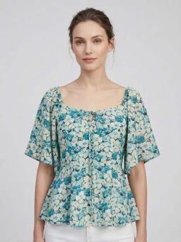ANVI Be Yourself - Floral Printed Blue Square Neck Half Sleeve Smocked Regular Top