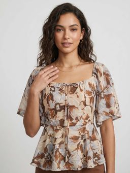 ANVI Be Yourself - Floral Printed Beige Chiffon Half Sleeve Smocked Regular Top